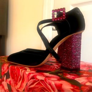 Dolce & Gabbana Black Velvet Pink Crystal Mary Janes Shoes